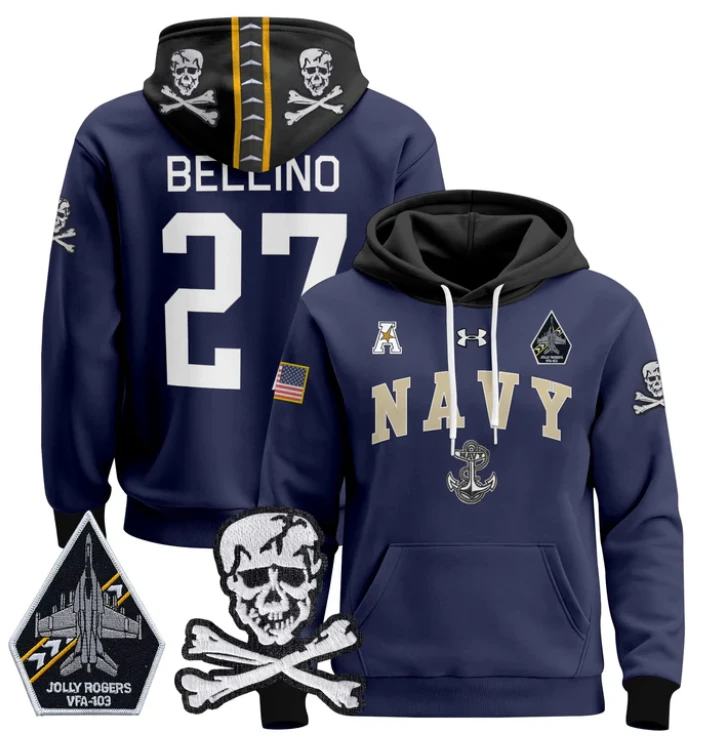 Joe Bellino Hoodie #27 Navy Midshipmen Pullover Jolly Rogers Patch by Hoodie Pullover