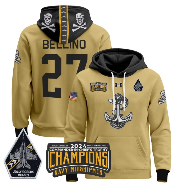 Joe Bellino Hoodie #27 Navy Midshipmen Champions Patch Pullover Gold White by Hoodie Pullover