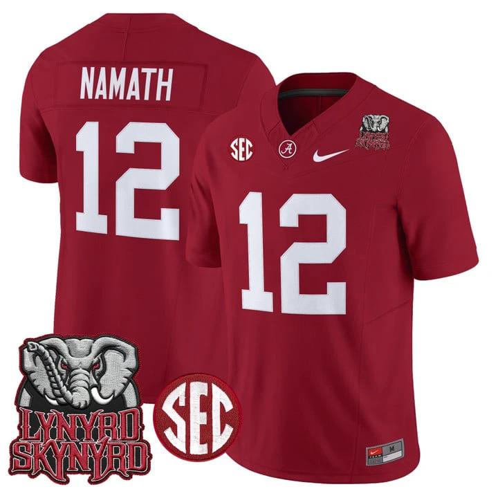 Joe Namath Jersey #12 Alabama Crimson Tide Lynyrd Skynyrd Patch Stitched by My Store NCAA Football Jerseys