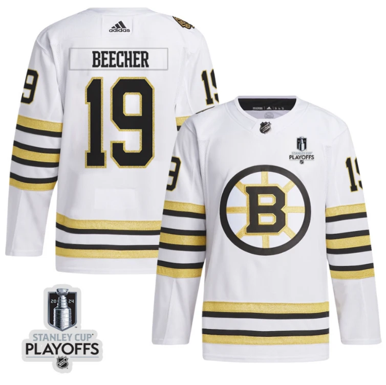 John Beecher 19 Boston Bruins 2024 NHL Playoffs Patch Away Jersey - Men, White by Hockey David