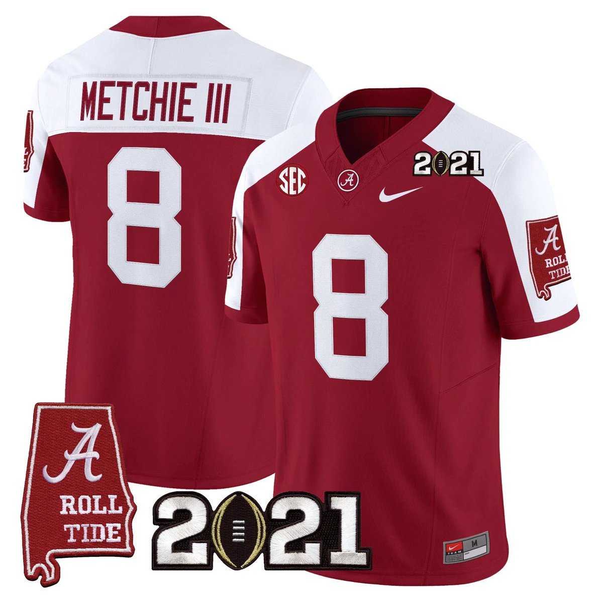 John Metchie III Jersey #8 Alabama 2021 CFP Championship Alabama Map Crimson Alter by My Store NCAA Football Jerseys