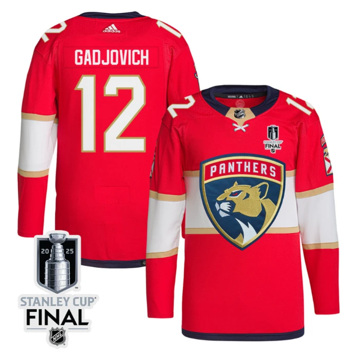 Jonah Gadjovich 12 Florida Panthers 2025 STANLEY CUP Final Patch Home Men Jersey Red by Hockey David