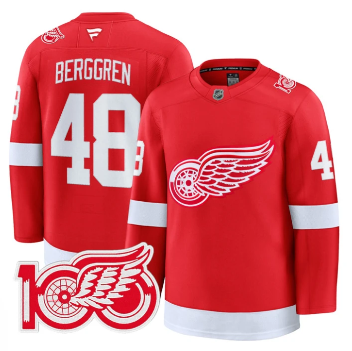 Jonatan Berggren Jersey #48 Detroit Red Wings 100th Anniversary Stitched Red by Hockey David