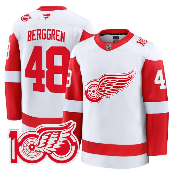 Jonatan Berggren Jersey #48 Detroit Red Wings 100th Anniversary Stitched White by Hockey David
