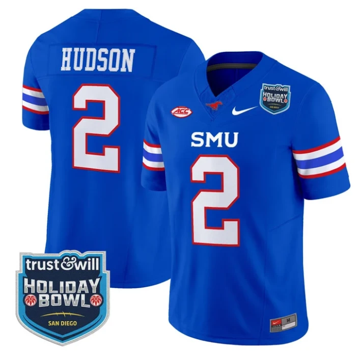 Jordan Hudson Jersey #2 SMU Mustangs 2026 Holiday Bowl Patch Stitched Blue by My Store NCAA Football Jerseys