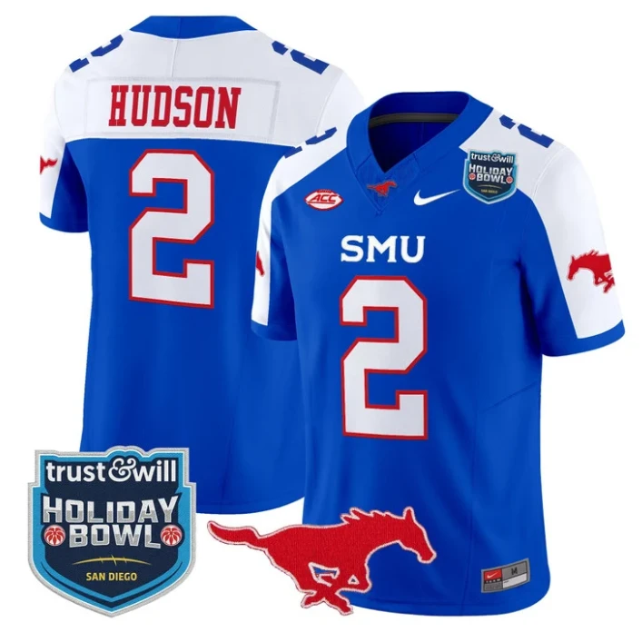 Jordan Hudson Jersey #2 SMU Mustangs 2026 Holiday Bowl Patch Stitched Blue Alternate by My Store NCAA Football Jerseys