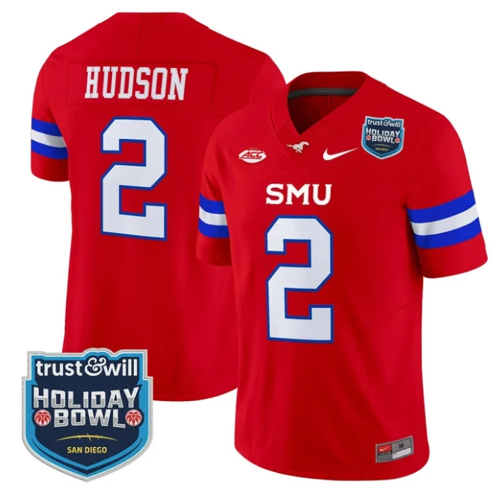 Jordan Hudson Jersey #2 SMU Mustangs 2026 Holiday Bowl Patch Stitched Red by My Store NCAA Football Jerseys