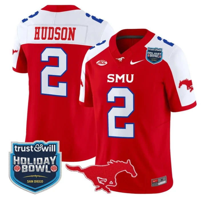 Jordan Hudson Jersey #2 SMU Mustangs 2026 Holiday Bowl Patch Stitched Red Alternate by My Store NCAA Football Jerseys