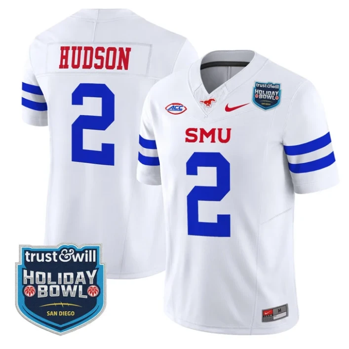 Jordan Hudson Jersey #2 SMU Mustangs 2026 Holiday Bowl Patch Stitched White by My Store NCAA Football Jerseys