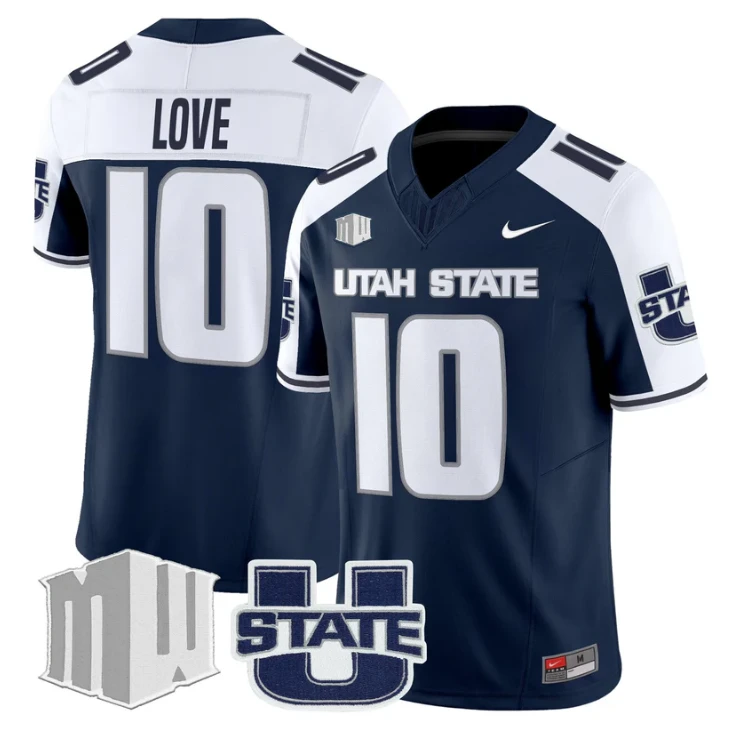 Jordan Love Jersey #10 Utah State Aggies 2025 Vapor Limited Stitched Navy Alter by My Store NCAA Football Jerseys
