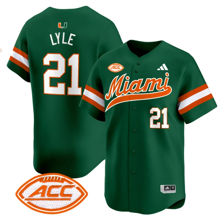 Jordan Lyle Jersey #21 Miami Hurricanes 2024 Baseball Stitched Green by My Store