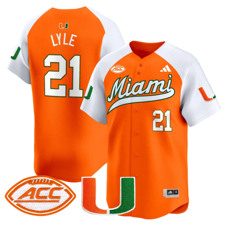 Jordan Lyle Jersey #21 Miami Hurricanes 2024 Baseball Stitched Orange Alternate by My Store