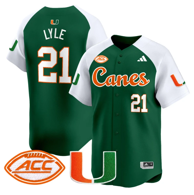 Jordan Lyle Jersey #21 Miami Hurricanes 2024 Baseball V2 Green Alternate by My Store