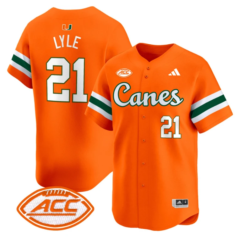 Jordan Lyle Jersey #21 Miami Hurricanes 2024 Baseball V2 Orange by My Store