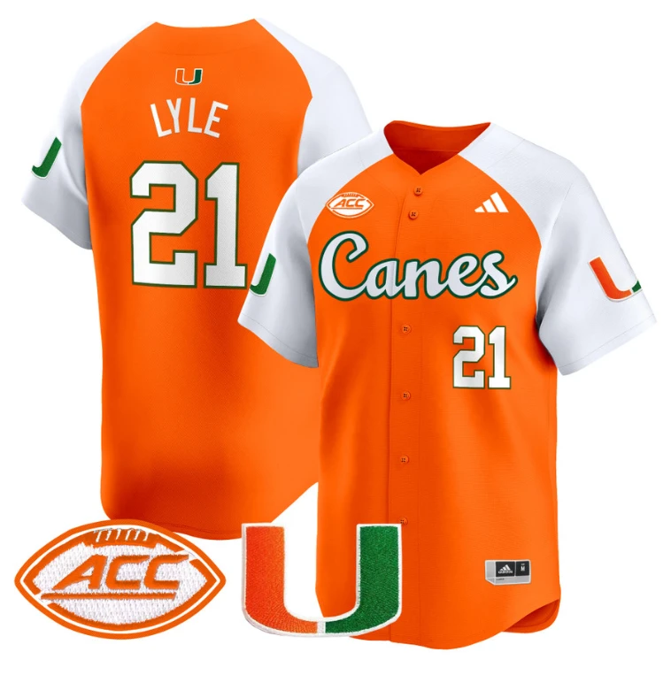 Jordan Lyle Jersey #21 Miami Hurricanes 2024 Baseball V2 Orange Alternate by My Store