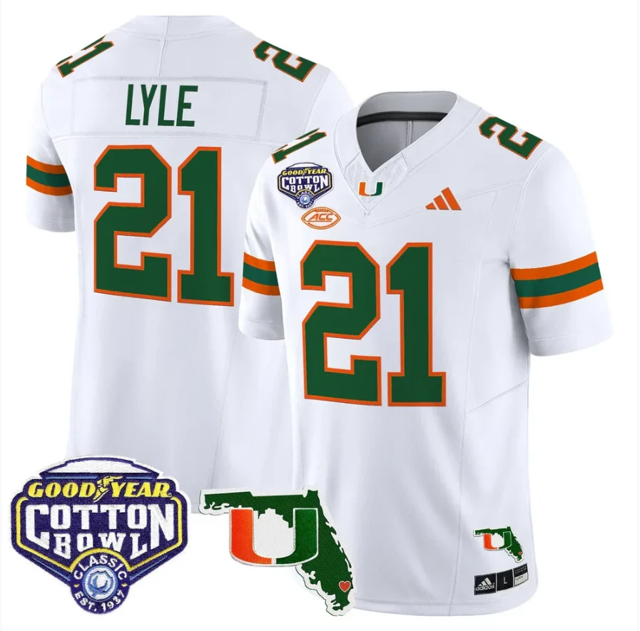 Jordan Lyle Jersey #21 Miami Hurricanes 2025 Cotton Bowl Florida White by NCAA Football Jersey