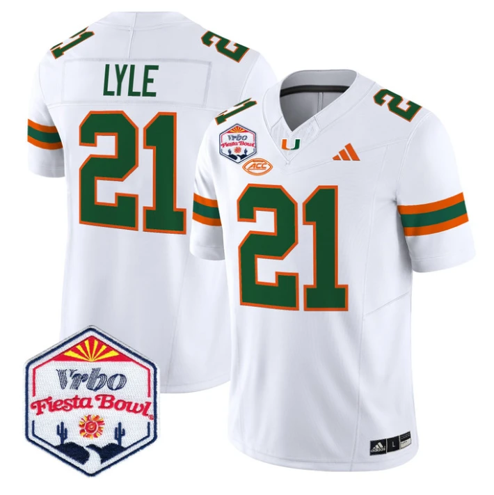 Jordan Lyle Jersey #21 Miami Hurricanes 2026 Fiesta Bow Patch Stitched White by NCAA Football Jersey