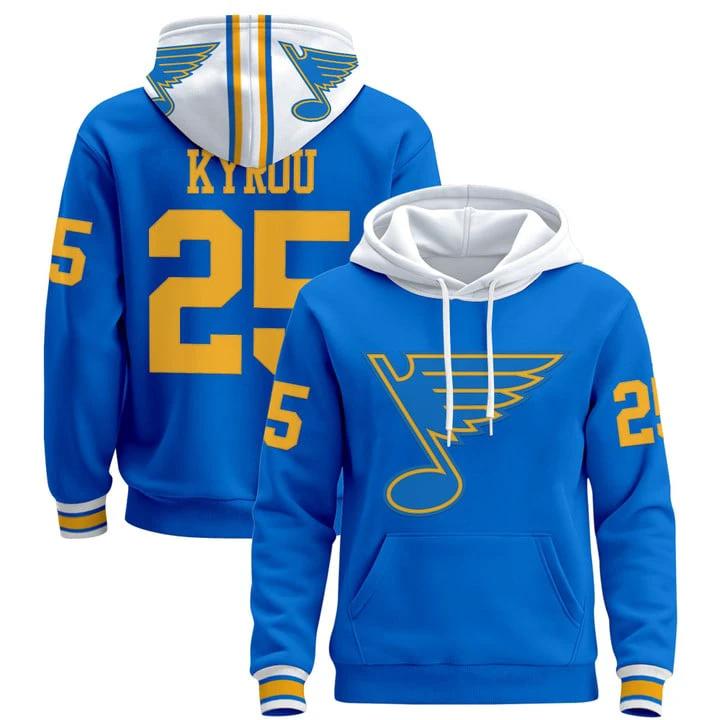Jordan Kyrou Hoodie #25 St. Louis Blues 2025-26 Premium Pullover Stitched by Hoodie Pullover
