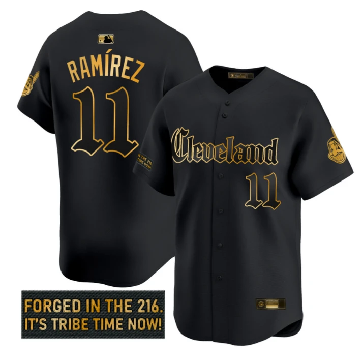 José Ramírez Jersey #11 Cleveland Indians Gothic Iron Edition Stitched Black Gold by My Store