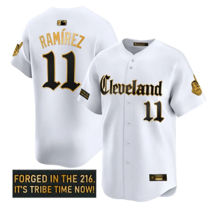 José Ramírez Jersey #11 Cleveland Indians Gothic Iron Edition Stitched White Gold by My Store