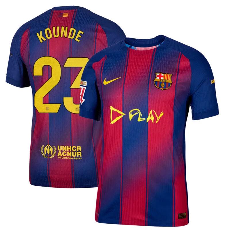 Jules Kounde #23 FC Barcelona x Ed Sheeran 2025-26 Home Match Jersey – Red blue by Soccer Jersey