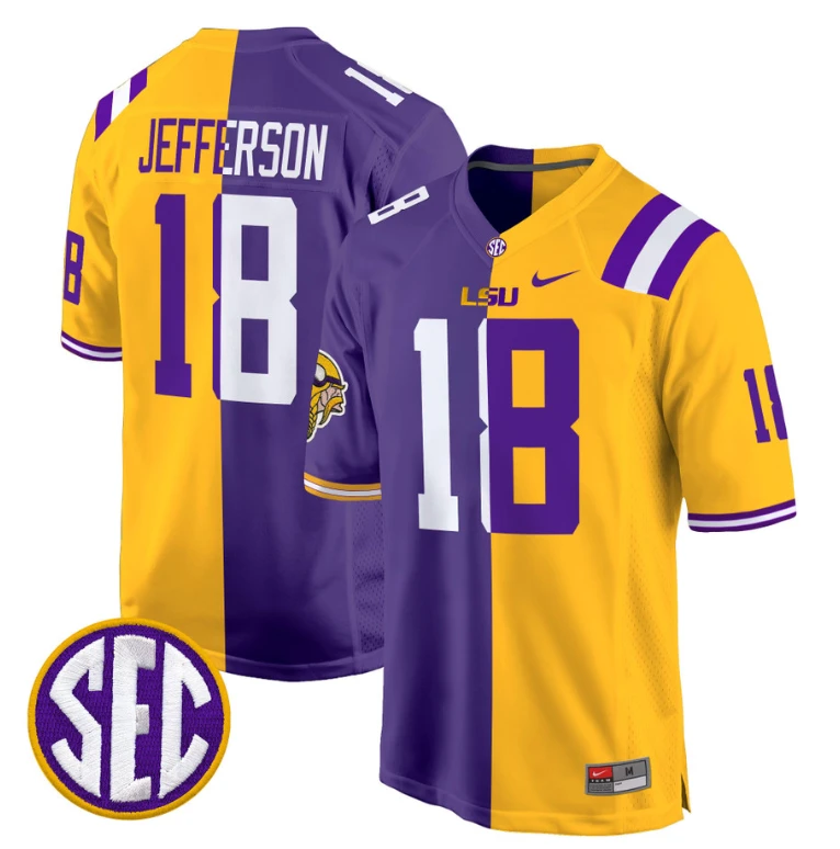 Justin Jefferson Jersey #18 LSU Tiger Split Game College Football All Stitched by NCAA Football Jersey