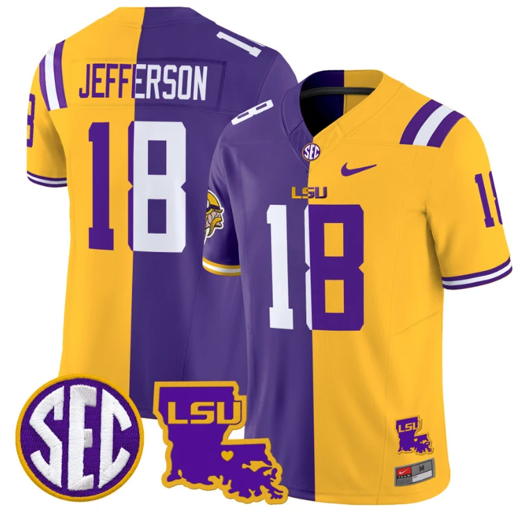 Justin Jefferson Jersey #18 LSU Tiger Split Vapor Limited Football Stitched by NCAA Football Jersey