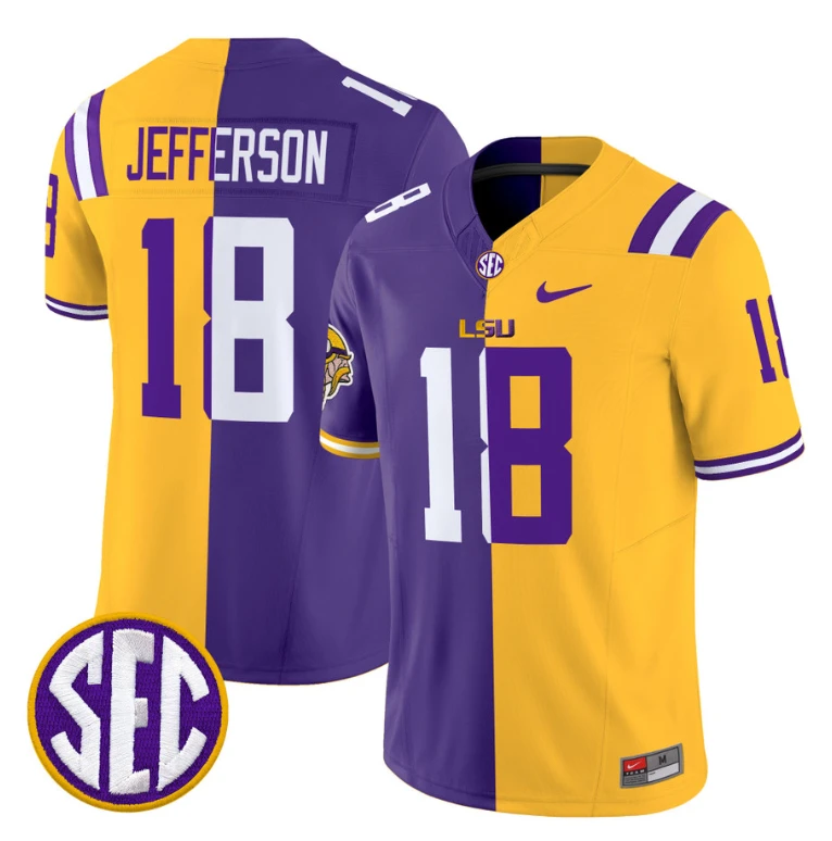 Justin Jefferson Jersey #18 LSU Tiger Split Vapor Limited V2 Football All Stitched by NCAA Football Jersey