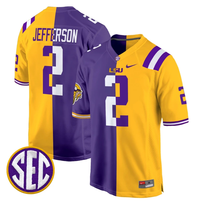 Justin Jefferson Jersey #2 LSU Tiger Split Game College Football All Stitched by NCAA Football Jersey