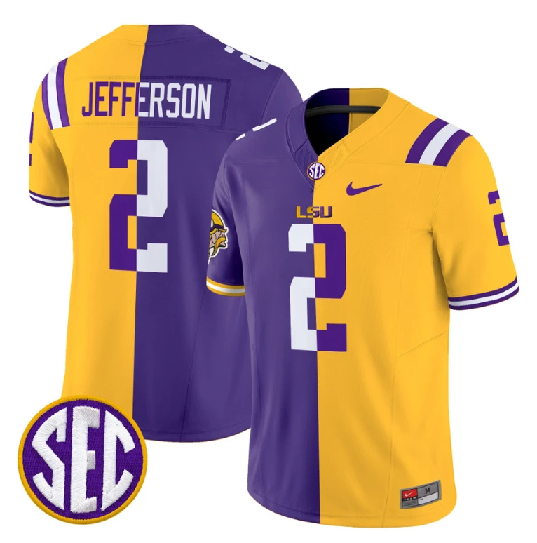 Justin Jefferson Jersey #2 LSU Tiger Split Vapor Limited V2 Football All Stitched by NCAA Football Jersey