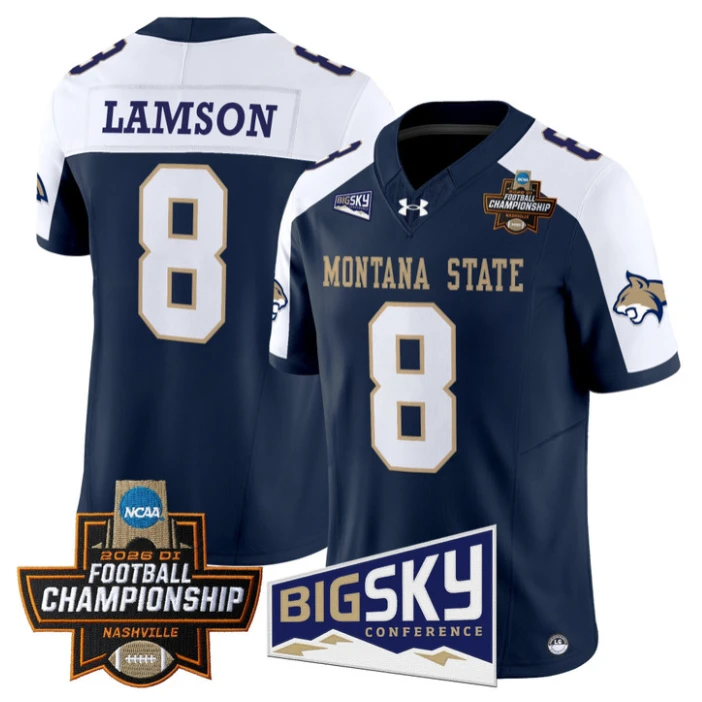 Justin Lamson Jersey #8 Montana State Bobcats 2026 Football Championship Navy Alternate by My Store NCAA Football Jerseys