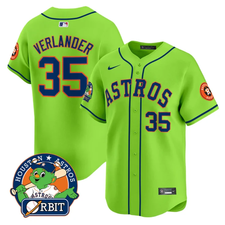 Justin Verlander Jersey #35 Astros Orbit Patch Vapor Premier Limited V2 Stitched Green by My Store