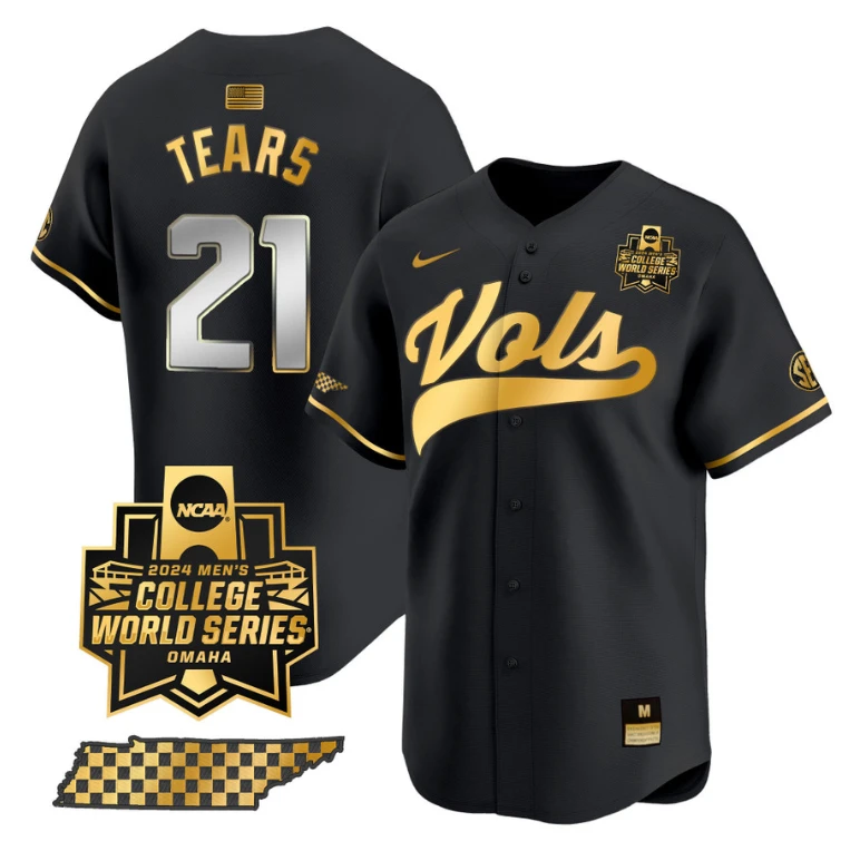 Kavares Tears Jersey #21 Tennessee Volunteers 2024 College World Series Vapor Premier Limited NCAA Baseball Stitched Black Gold by My Store