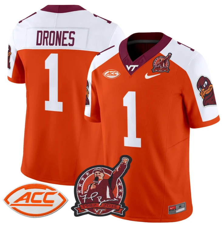 Kyron Drones Jersey #1 Virginia Tech Hokies Coach Frank Beamer Patch Orange Alternate by NCAA Football Jersey