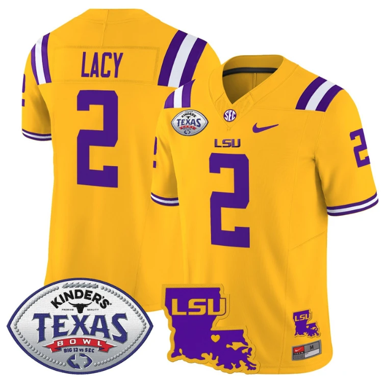 Kyren Lacy Jersey #2 LSU Tigers 2024 Texas Bowl Patch Football Stitched Gold by NCAA Football Jersey