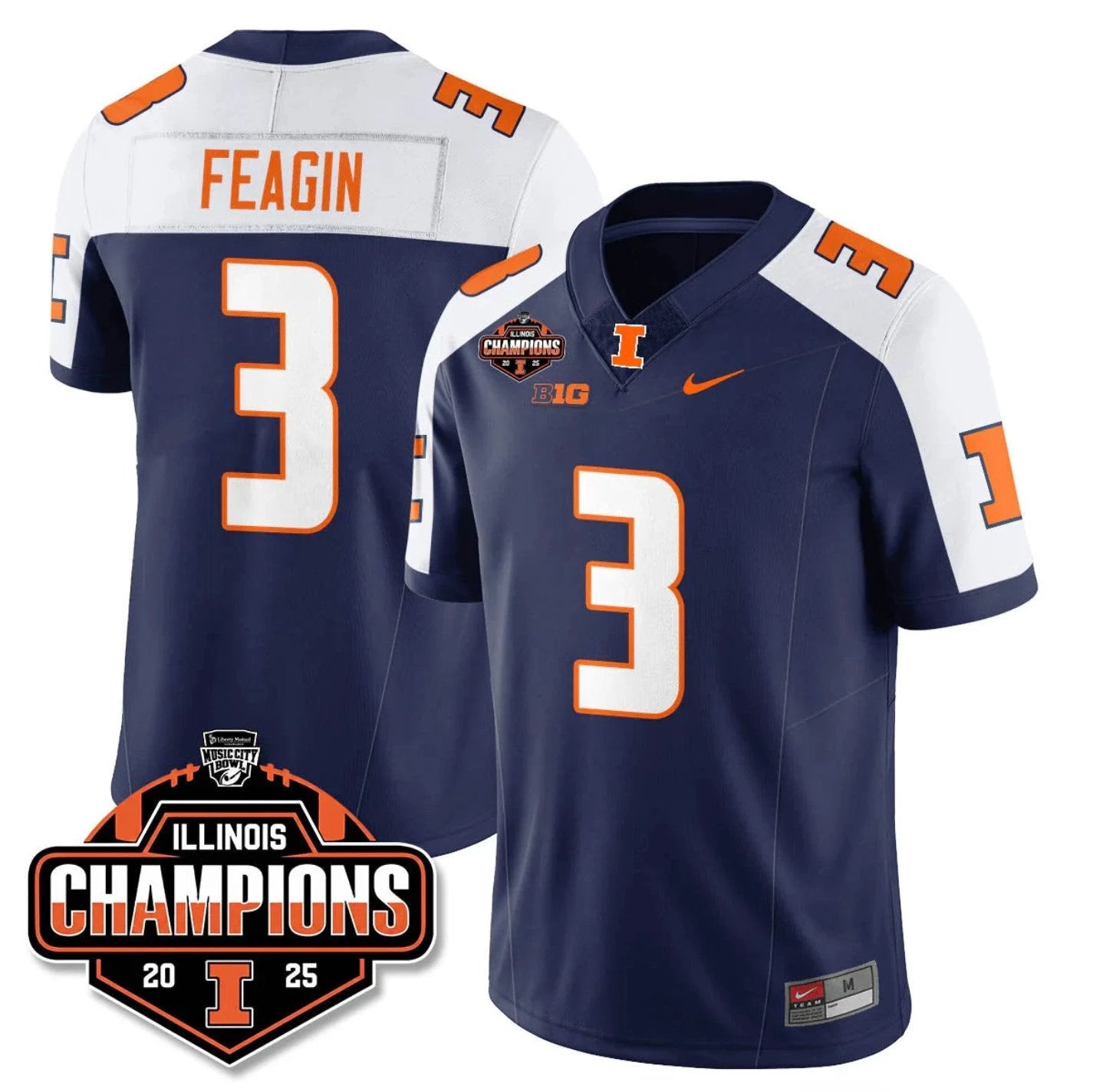 Kaden Feagin Jersey #3 Illinois Fighting 2025 Music City Bowl Champions Stitched by My Store NCAA Football Jerseys