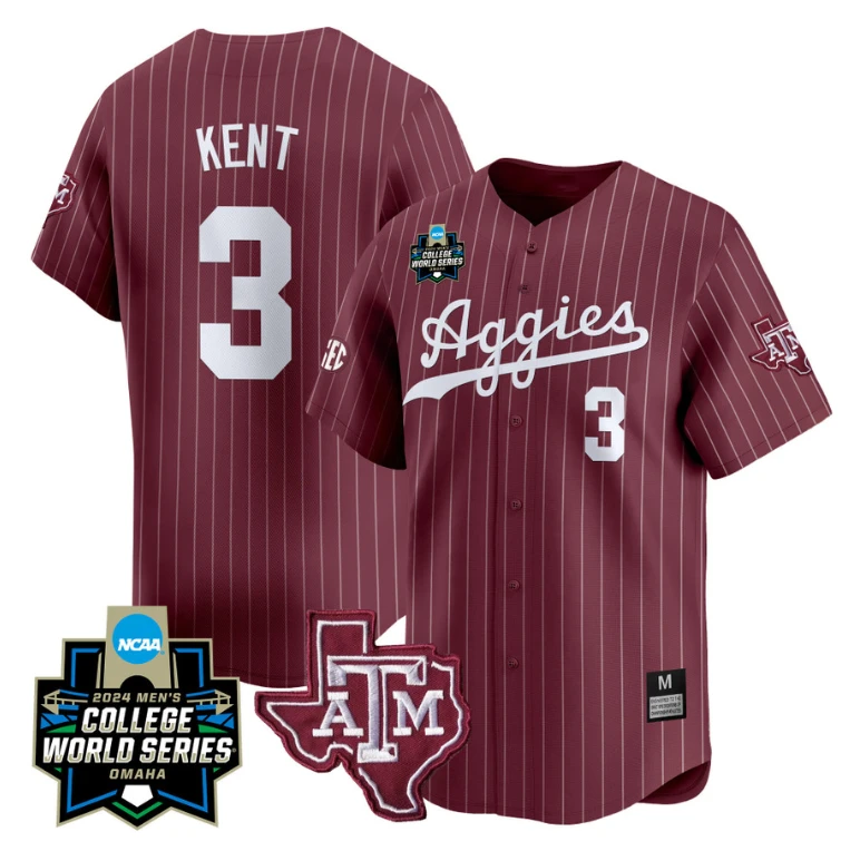 Kaeden Kent Jersey #3 Texas AM Aggies 2024 College World Series Vapor Premier Limited NCAA Baseball Stitched Maroon Pinstripe by My Store