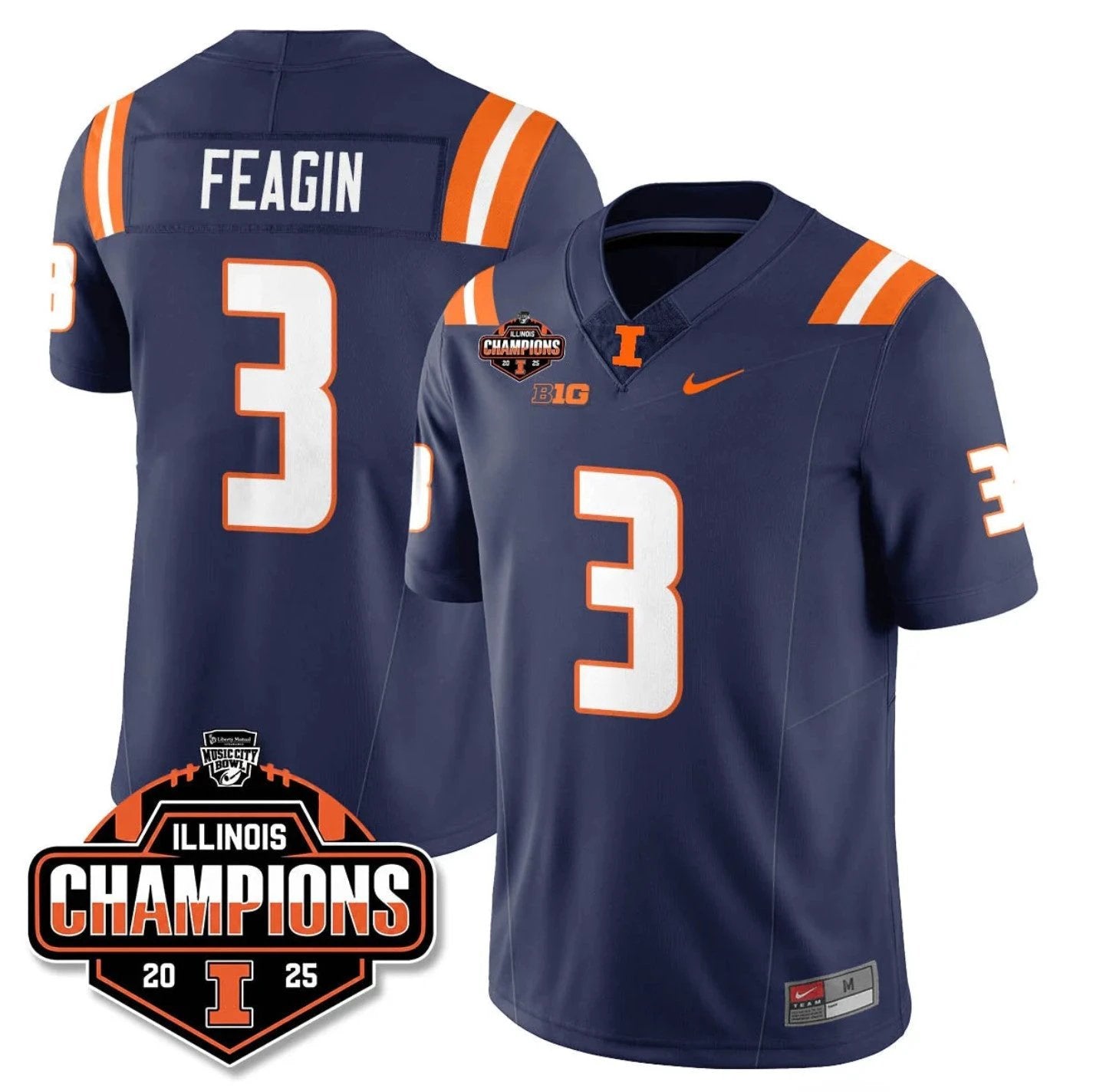 Kaden Feagin Jersey #3 Illinois Fighting 2025 Music City Bowl Champions Navy by NCAA Football Jersey