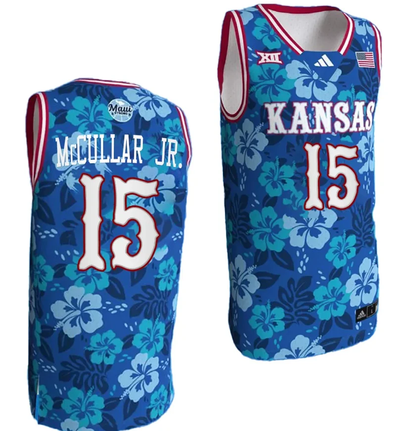 Kevin McCullar Jr Jersey #15 Kansas Jayhawks Bill Self Game College Basketball Blue Maui Strong by My store basketball
