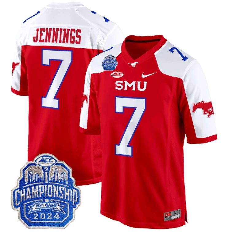 Kevin Jennings Jersey #7 SMU Mustangs 2024 ACC Championship Patch Red Alternate by My Store