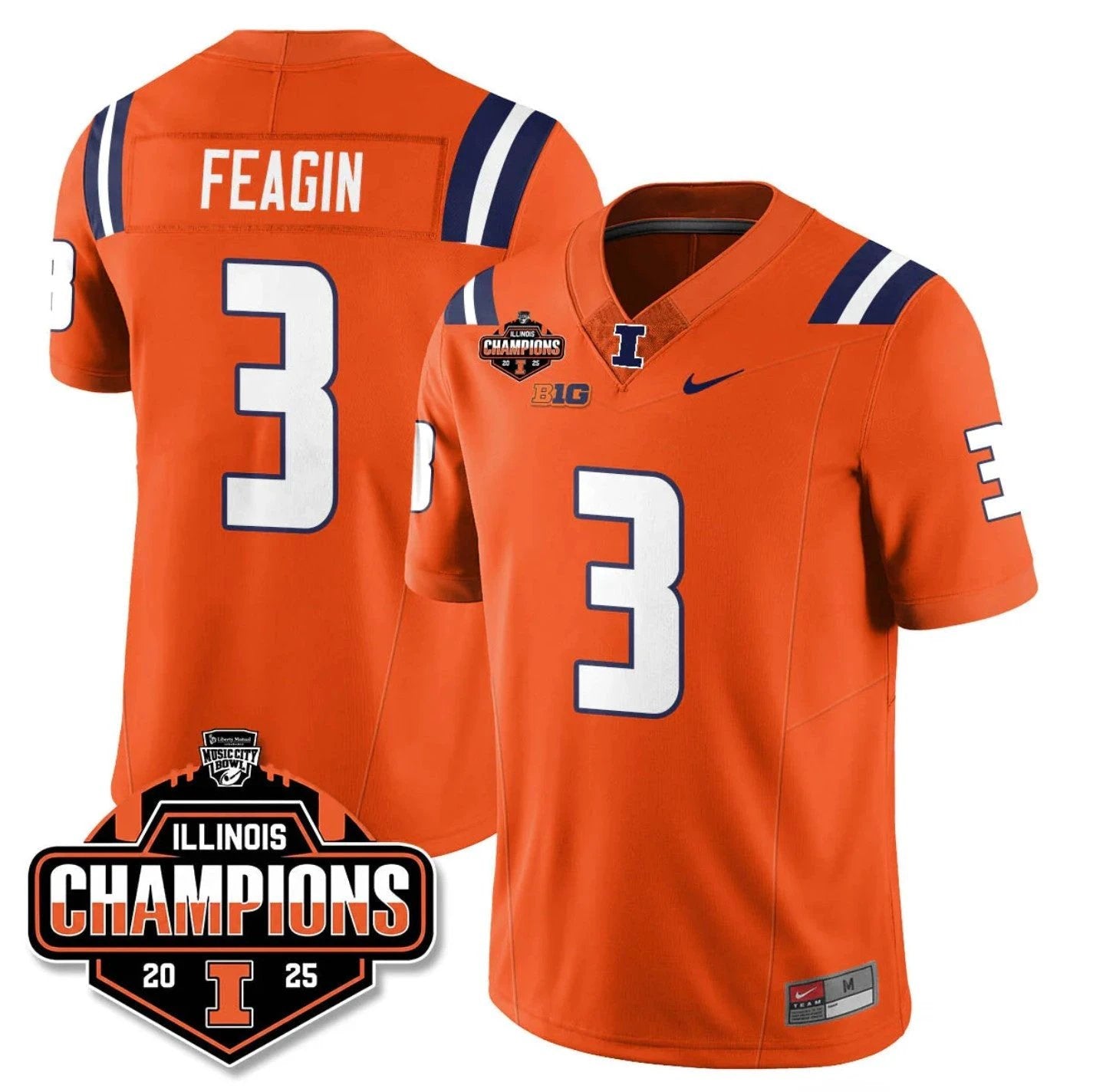 Kaden Feagin Jersey #3 Illinois Fighting 2025 Music City Bowl Champions Orange by NCAA Football Jersey