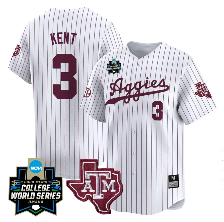 Kaeden Kent Jersey #3 Texas AM Aggies 2024 College World Series Vapor Premier Limited NCAA Baseball Stitched White Pinstripe by My Store