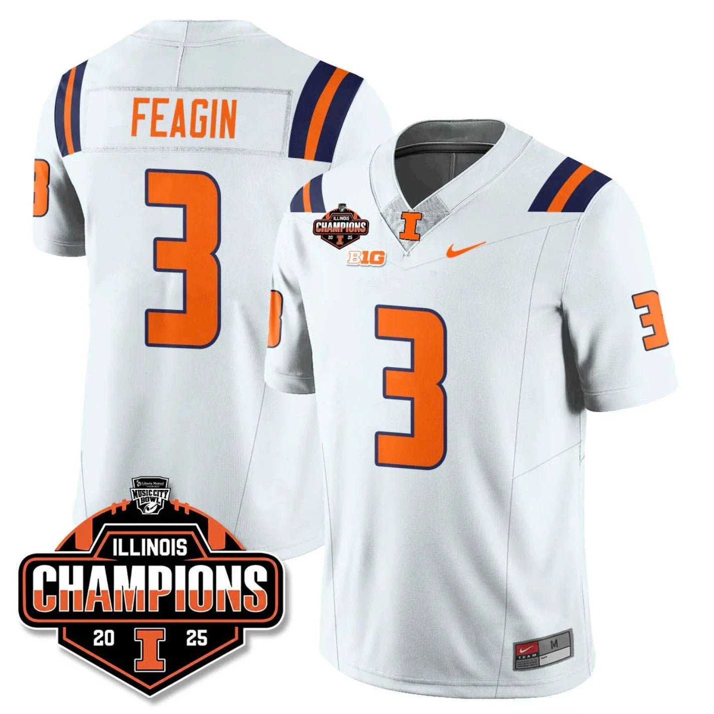 Kaden Feagin Jersey #3 Illinois Fighting 2025 Music City Bowl Champions Stitched by My Store NCAA Football Jerseys