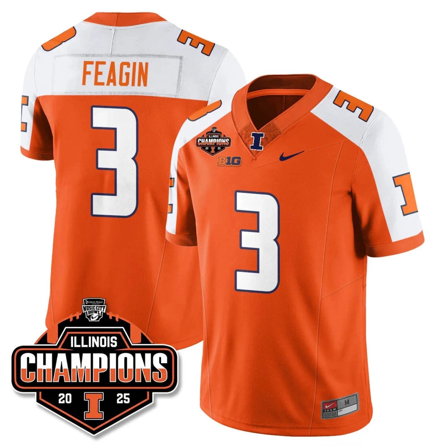 Kaden Feagin Jersey #3 Illinois Fighting 2025 Music City Bowl Champions Stitched by My Store NCAA Football Jerseys