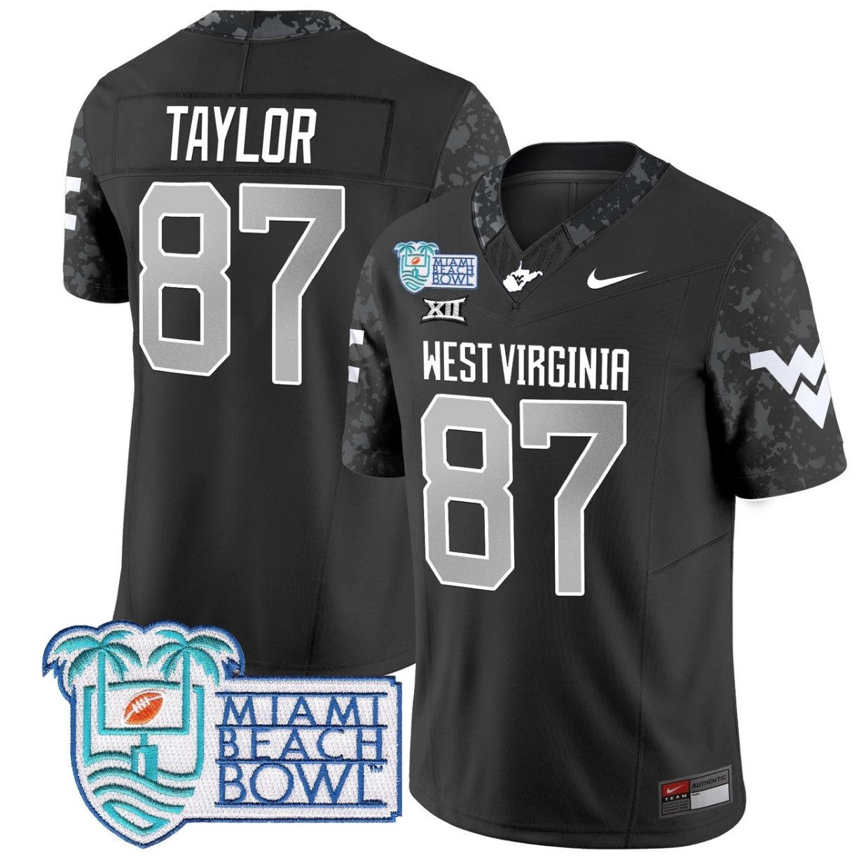 Kole Taylor Jersey #87 West Virginia Mountaineers 2025 Miami Beach Bowl Coal by My Store