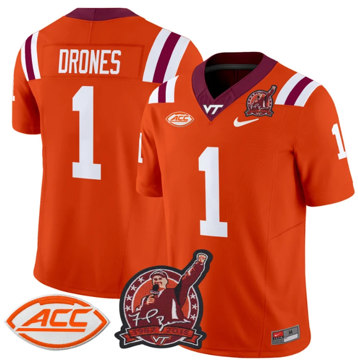 Kyron Drones Jersey #1 Virginia Tech Hokies Coach Frank Beamer Patch Orange by NCAA Football Jersey