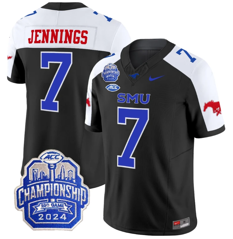 Kevin Jennings Jersey #7 SMU Mustangs 2024 ACC Championship Patch Black Alternate by My Store