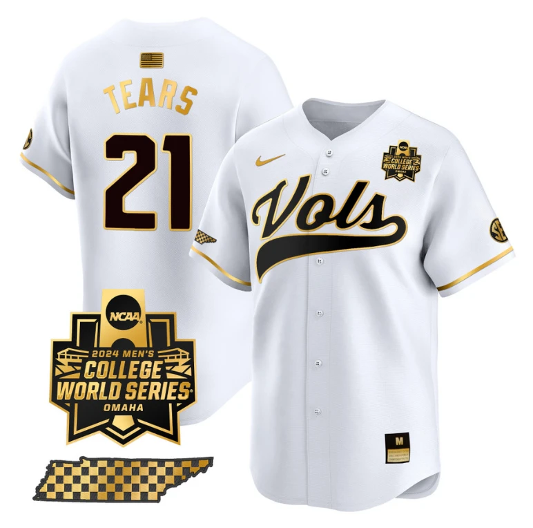 Kavares Tears Jersey #21 Tennessee Volunteers 2024 College World Series Vapor Premier Limited NCAA Baseball Stitched White Gold by My Store