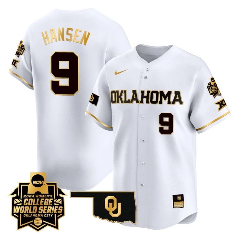 Kinzie Hansen Jersey #9 Oklahoma Sooners 2024 College World Series Patch Vapor Premier Limited NCAA Baseball Stitched White Gold by My Store