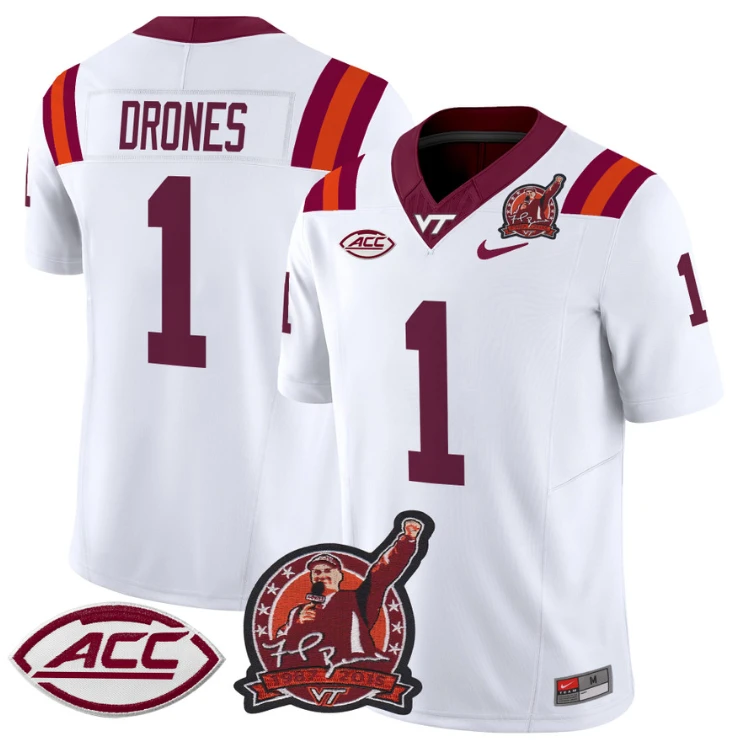 Kyron Drones Jersey #1 Virginia Tech Hokies Coach Frank Beamer Patch White by NCAA Football Jersey